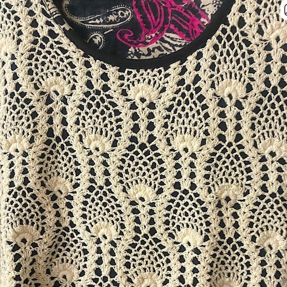 Ulla Popken (Plus 24/26) Black & Cream Crocheted Top w/Pockets & Pink Accents - Picture 6 of 9